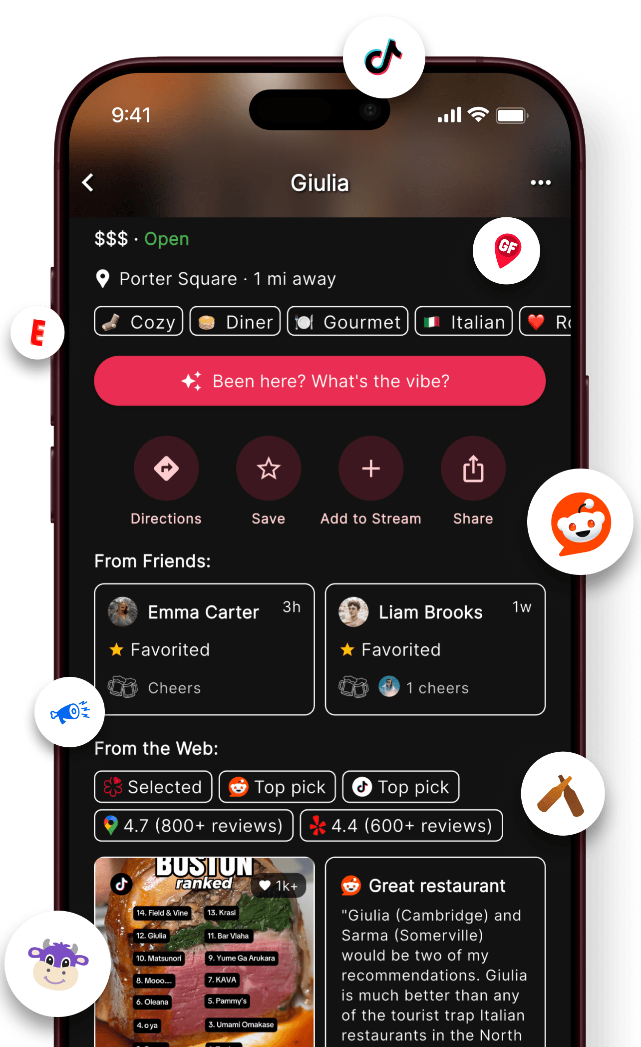Atmosphere place details screen aggregating reviews, photos, hours, and live vibe signals for a Boston venue.
