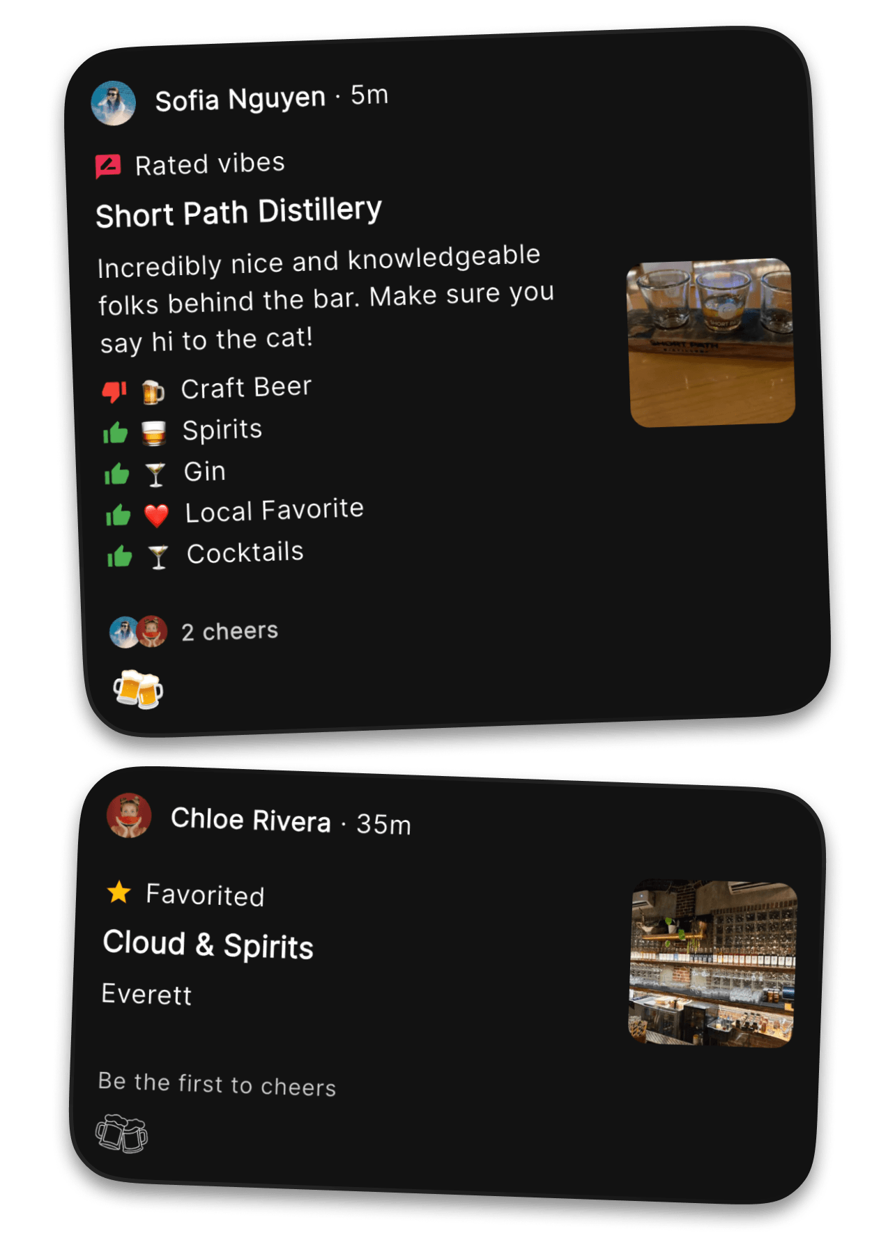Atmosphere Vibe With Friends screen with a shared plan and nearby Boston restaurant suggestions from friends.