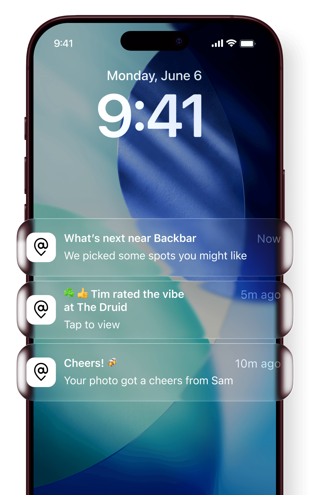 Atmosphere live activity feed with real-time updates from friends exploring Boston nightlife.