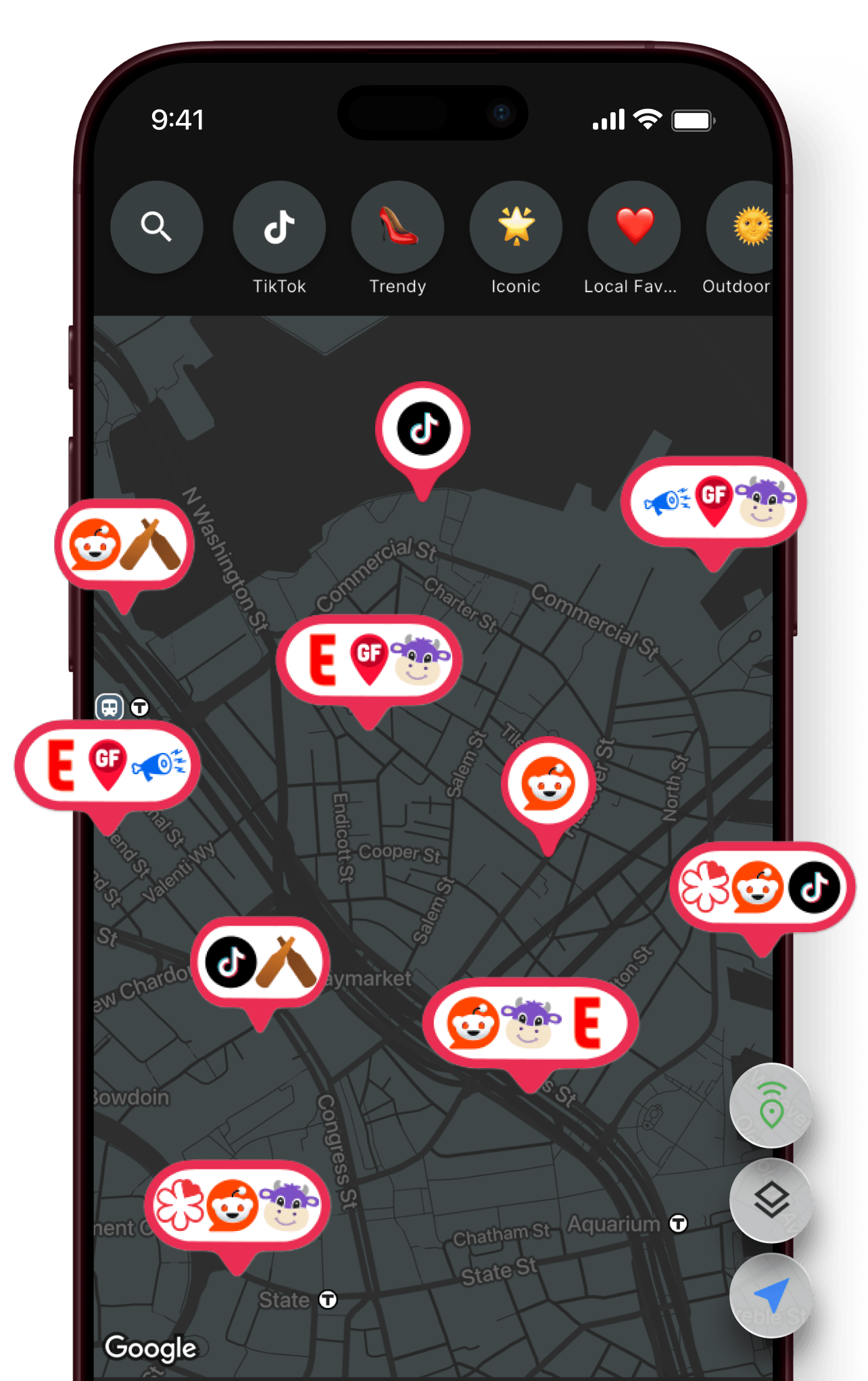 Atmosphere map with TikTok, Trendy, Iconic, Local Favorite, and Outdoor category pins across Boston neighborhoods.