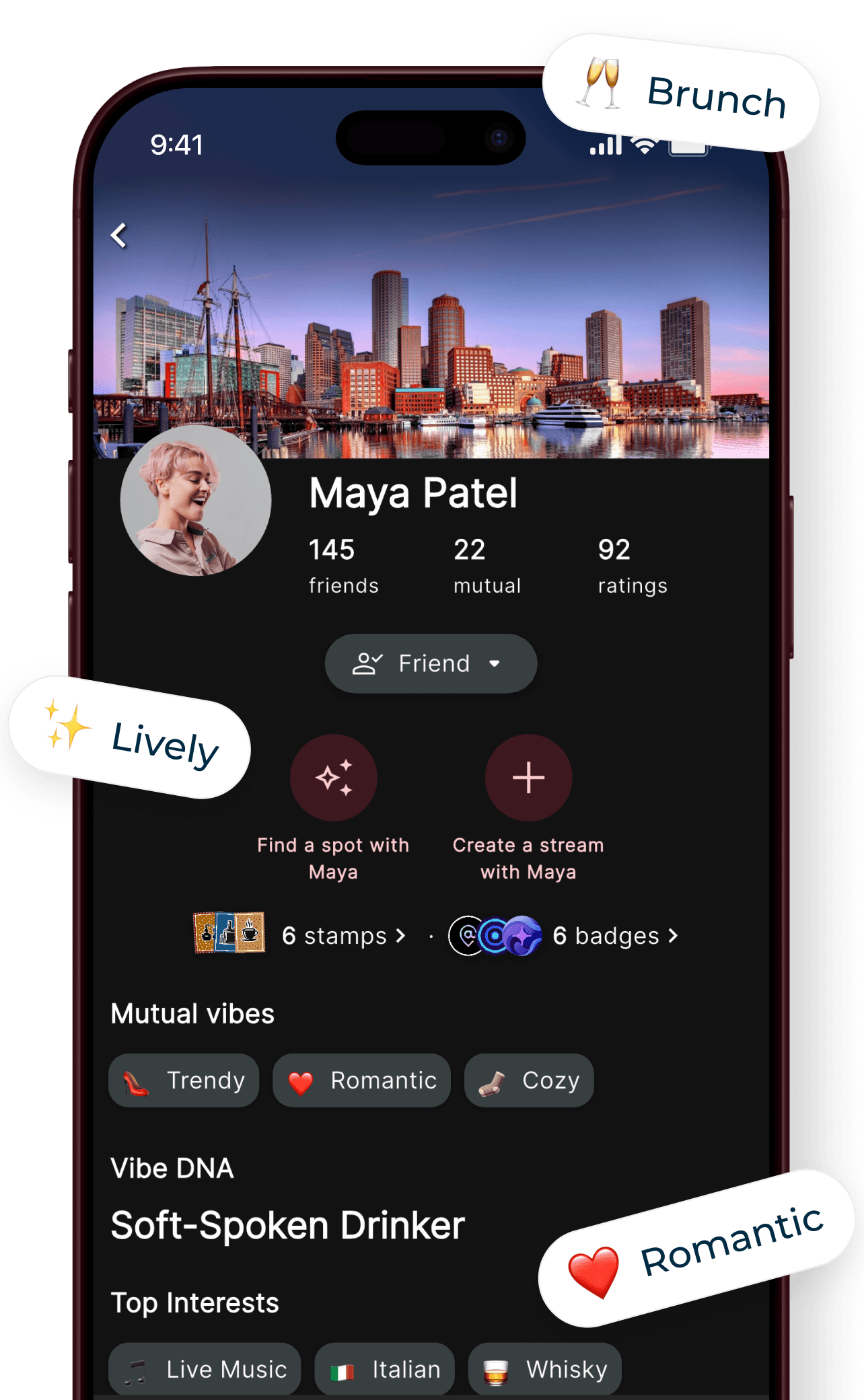 Atmosphere Vibe DNA profile summarizing a user’s going-out taste across Boston venues and vibes.