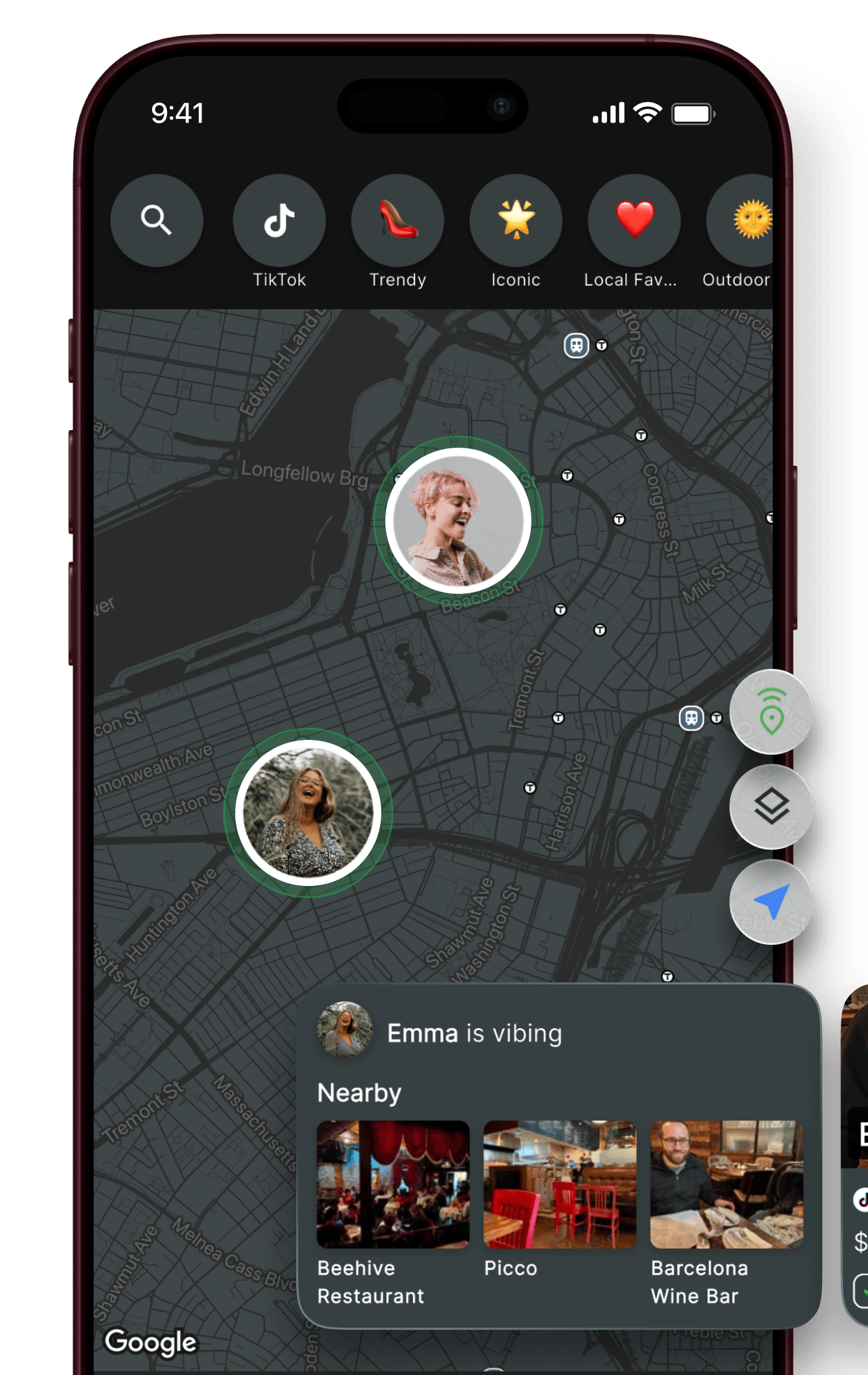 Atmosphere Live Vibe Map showing nearby friends and a vibing card with Boston restaurant suggestions.