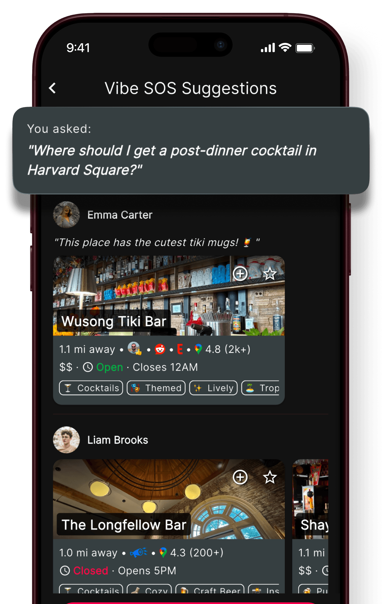 Atmosphere Vibe SOS screen with friend-sourced cocktail bar recommendations near Harvard Square.